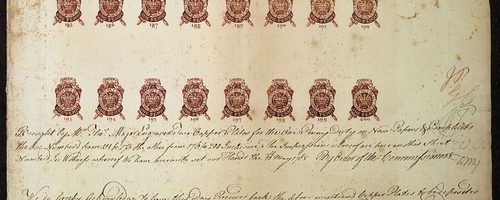 Four lines of red one-penny stamps, with six lines of handwriting underneath.