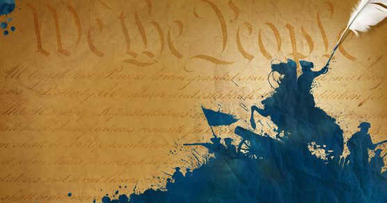 graphic for The American Revolution, silhouette of a man on a horse holding a quill pen, on a yellow background