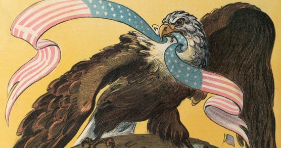 Political cartoon illustrates a bald eagle standing on the "U.S.A." portion of North America, with its wings extending from "Panama" and "Porto Rico" (Puerto Rico) on the right side of the image to the "Philippines" on the left.