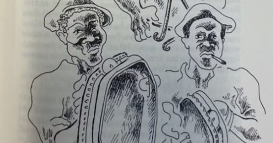 Line drawings of two men playing musical instruments.
