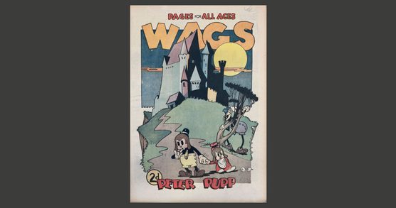 Colour cover page of a comic with a haunted-looking house on a hill in the background, with two characters at the bottom of the hill on a pathway and another character hiding behind a tree looking at them.