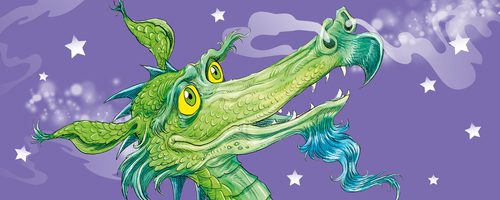 A cheeky green dragon with yellow eyes drawn by illustrator Chris Riddell on a purple background. The dragon is surrounded by smoke and stars.