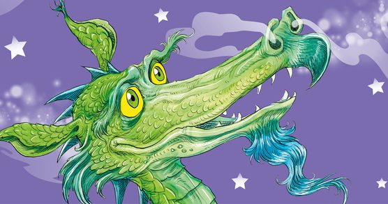A cheeky green dragon with yellow eyes drawn by illustrator Chris Riddell on a purple background. The dragon is surrounded by smoke and stars.