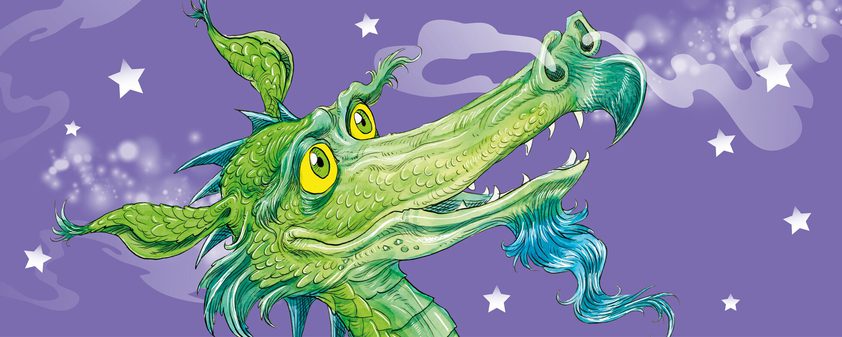 A cheeky green dragon with yellow eyes drawn by illustrator Chris Riddell on a purple background. The dragon is surrounded by smoke and stars.