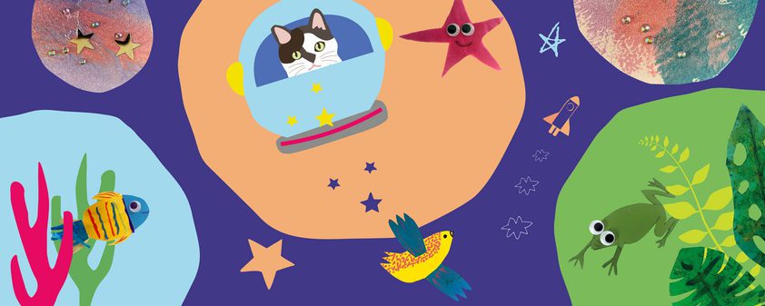 A collage on a blue background. It shows a cat in a spaceship and a star against an orange planet-shaped background. There are a frog and some leaves against a green planet-shaped background. And, a fish and some coral against a blue planet-shaped background. There are also a bird and a rocket!