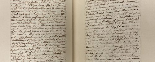 open book image, handwriting. Jane Austen's handwritten manuscript for her novel Persuasion