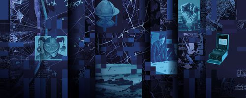 Artwork for Secret Maps exhibition. Navy background with lots of different maps from history, and images of a flight tracker, an Enigma Machine, Minecraft’s Uncensored Library, D-Day, and a war room. Some of these are obscured by shadows or pixellation.