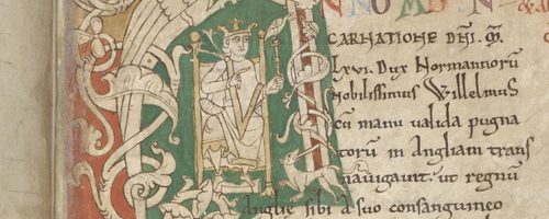 Detail from a manuscript, the illustration shows a figure seated on a throne, he is wearing a crown