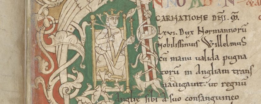 Detail from a manuscript, the illustration shows a figure seated on a throne, he is wearing a crown