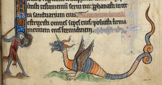 Illustration of a knight fighting a multi-coloured dragon