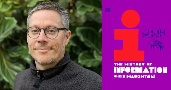 Portrait of a man with short grey hair and glasses, next to a purple graphic with red text reading 'the history of information Chris Haughton'