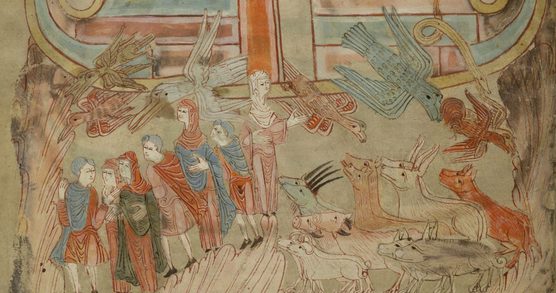 An illustration of the disembarking of the animals from Noah’s Ark, from the Old English Hexateuch