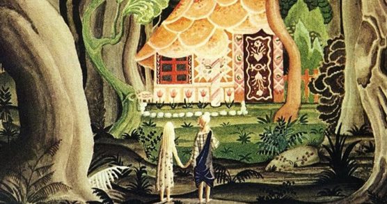 Two children outside of a gingerbread house in a dark forest.