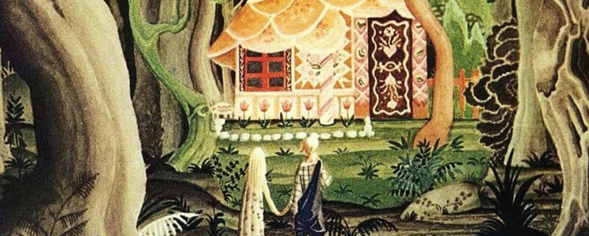 Two children outside of a gingerbread house in a dark forest.