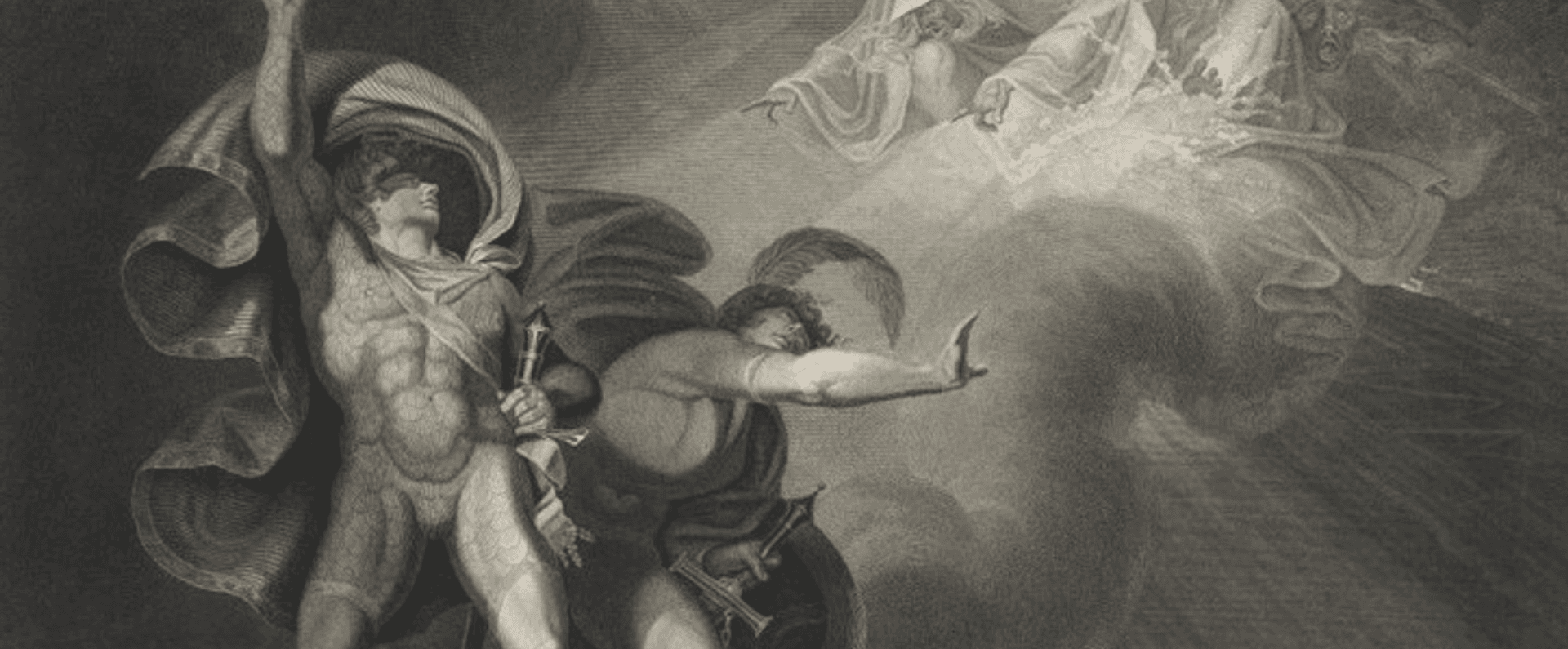A greyscale painting depicting Macbeth. Act 1, Scene 3. A heath. Macbeth, Banquo and three witches.