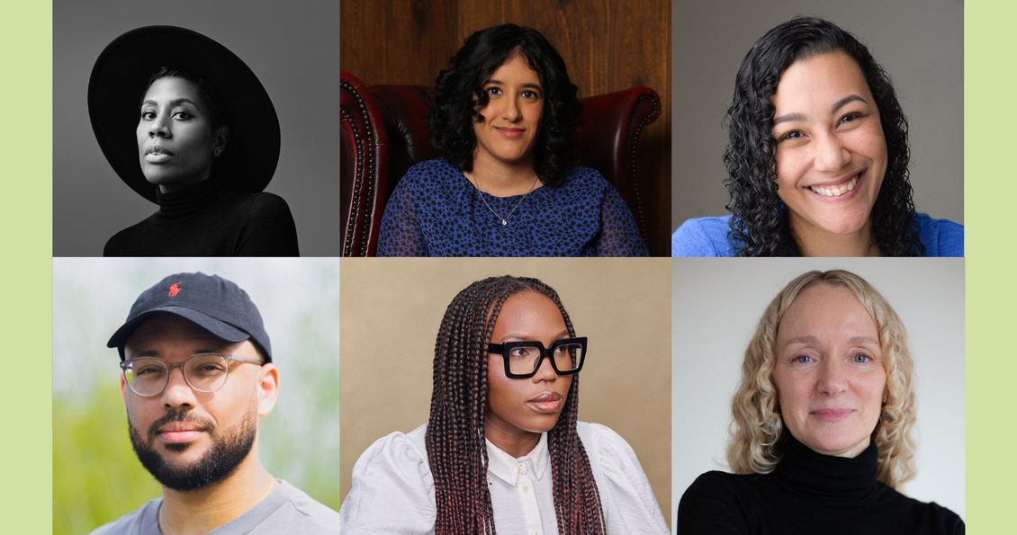 Portraits of 5 women and 1 man collaged on a green backdrop