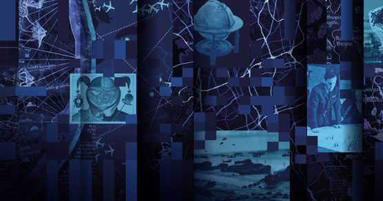 Artwork for Secret Maps exhibition. Navy background with lots of different maps from history, and images of a flight tracker, an Enigma Machine, Minecraft’s Uncensored Library, D-Day, and a war room. Some of these are obscured by shadows or pixellation.