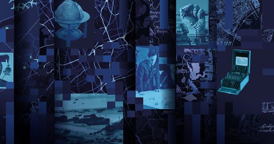 A collage of images showing maps, globes, and military personnel marking a map.