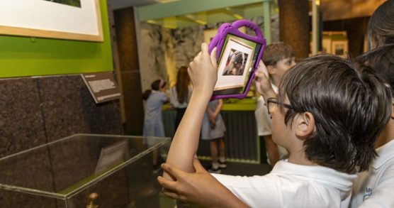 Two primary school students use a tablet to look at and take a photo of an artwork on the wall in a gallery space. Other students can be seen in the background.