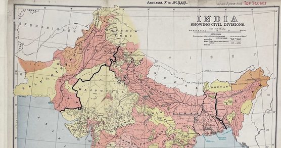 A crop of a map of India with the wording 'INDIA SHOWING CIVIL DIVISIONS' and 'TOP SECRET' hand written in red