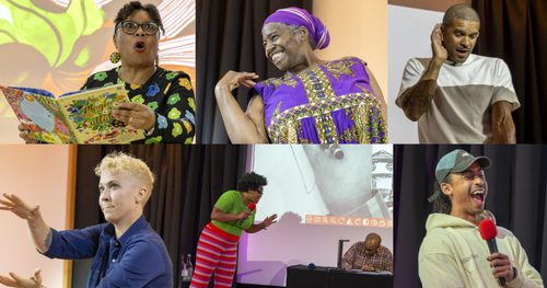 A collage image of seven people on stages, performing or talking to an unseen audience.