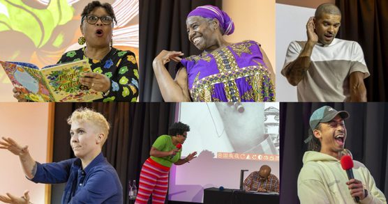 A collage image of seven people on stages, performing or talking to an unseen audience.