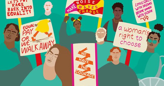 An illustration showing 8 people holding placards with various slogans such as, equal pay or we walk away, a woman's right to choose and let's put race back into equality.