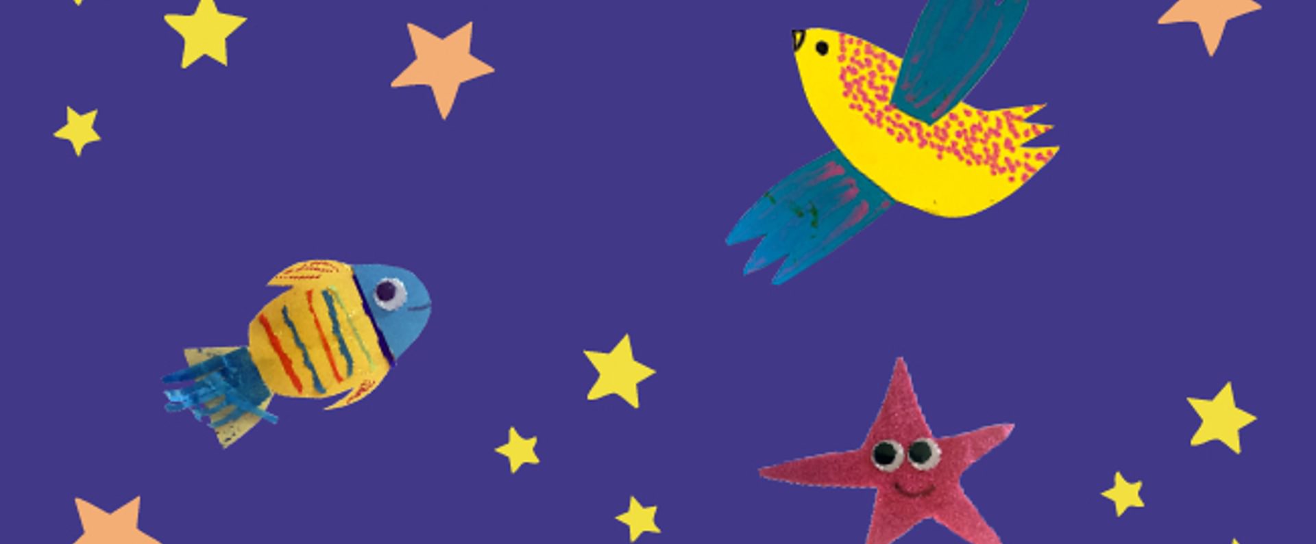 Colourful children's drawings of a fish, bird and star with googley eyes on a blue backdrop.