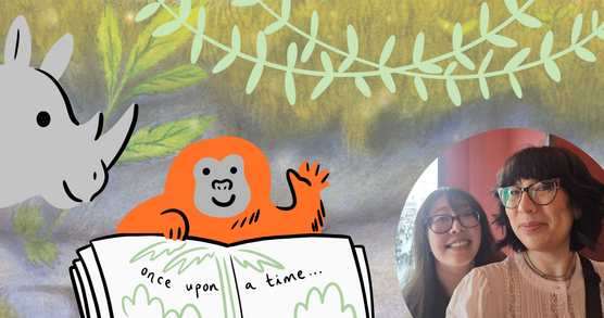 A cartoon illustration of a rhino and monkey with an open book and two of the event speakers