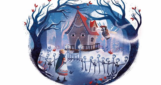 Illustration of a girl walking towards a house in the snow