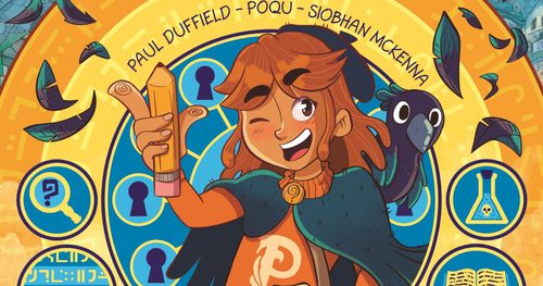 Front cover of Puzzlevale illustration of a child holding a pencil and with a crow on their shoulder.