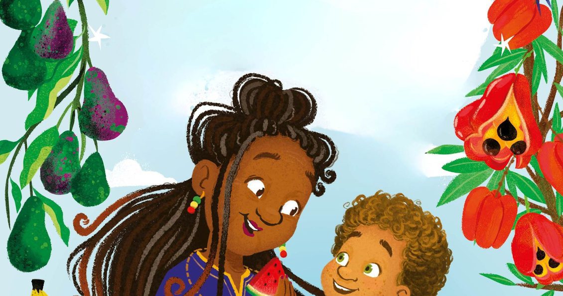 illustration from Rasta Granny's Rainbow showing two characters sharing fruit.