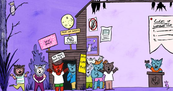 Illustrations of werewolves on a purple background