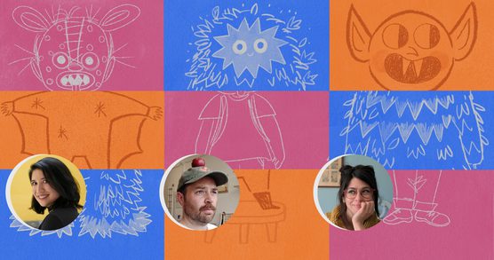 Spooky illustrations with three photographs of people in front