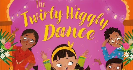 Cover image of The Twirly Wiggly Dance book. Main Character Intisa dances in the middle while her parents look in the background.