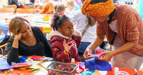 Woman lining on a table looking at her daughter explaining an artist educator how she would like to do her craft.