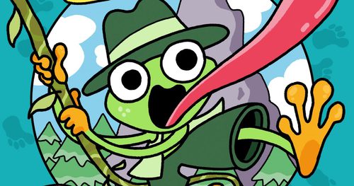 Front cover illustration of a frog swinging from a vine dressed with explorer like clothes