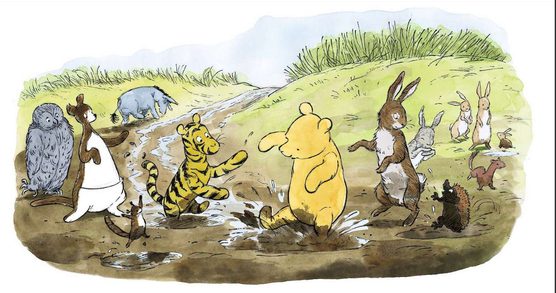 Illustration of Winne the Pooh, Tiger, Kanga, Roo, Owl, Eeyore and Rabbits playing in mud