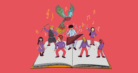 Illustration showing cartoon children playing against a red background. They are stood on an open book. One child plays a musical instrument, orange musical notes float above their heads and above that a blue, green and yellow mythical bird