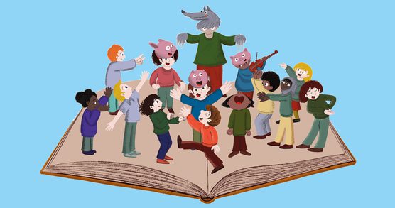 Illustration showing cartoon children playing, three children are wearing pink pig masks, one has a grey wolf mask on, one holds a violin. They are all stop on an open book, the background colour of the image is bright blue
