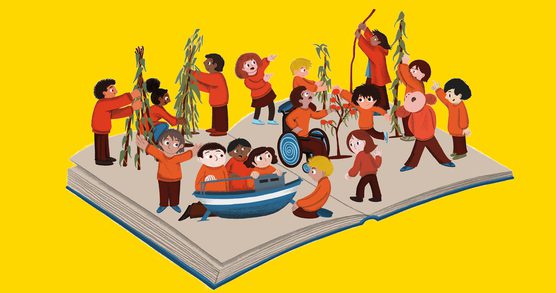 Illustration showing cartoon children wearing orange jumpers playing with boats and tree branches, they stand on an open book. The background colour of the image is bright yellow