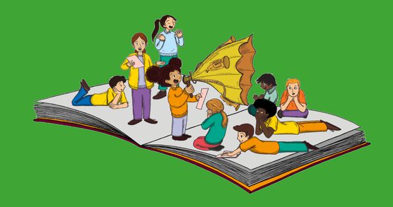 Illustration on a green background. Cartoon children standing on an open book. One child holds a homemade megaphone made of an inside out umbrella with trumpets attached to it.