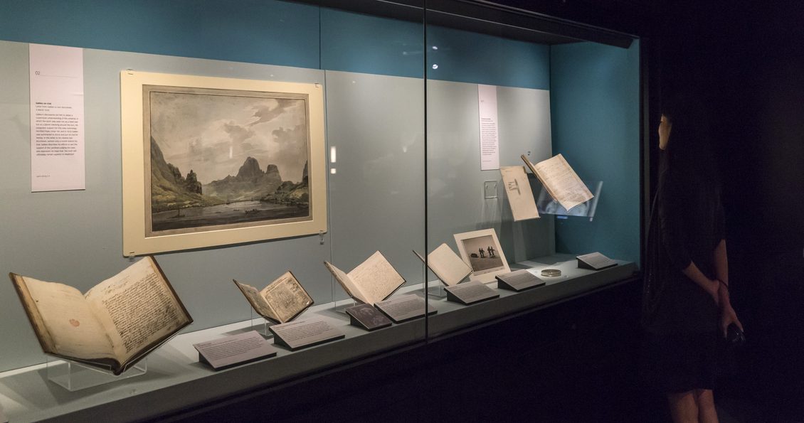 A women looks into a wall display case of books.